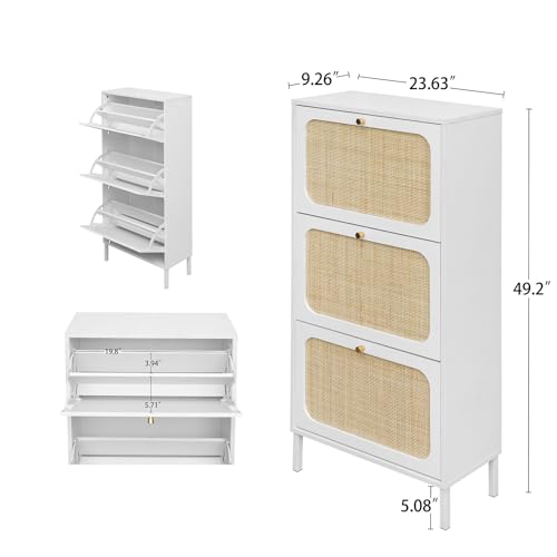 Natural Rattan Narrow Shoe Storage Cabinet with 3 Flip Drawers F32089
