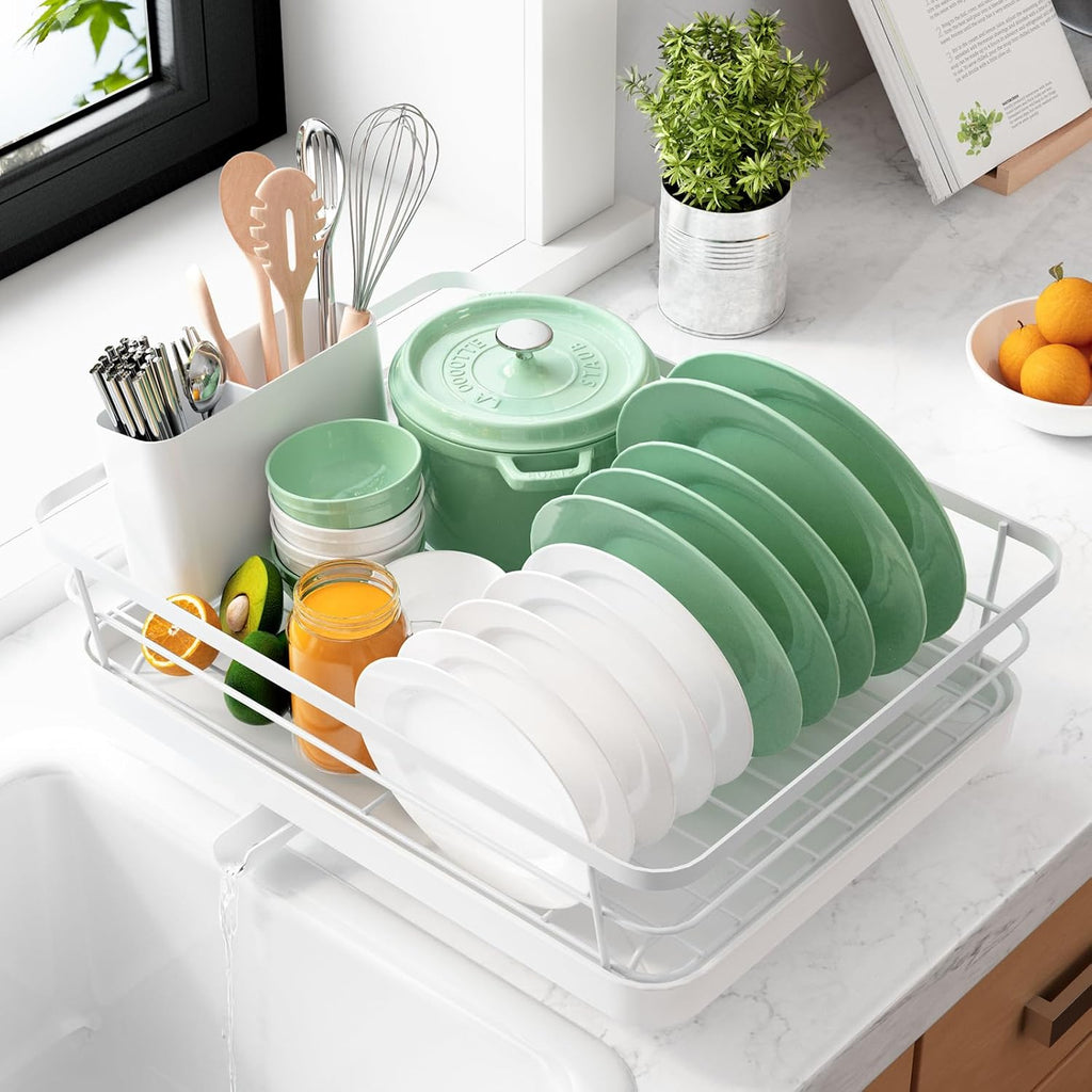 Kitsure Dish Drying Rack- Space-Saving Dish Rack, Dish Racks for Kitchen Counter, Stainless Steel Kitchen Drying Rack with a Cutlery Holder,12''W x 15''L, White
