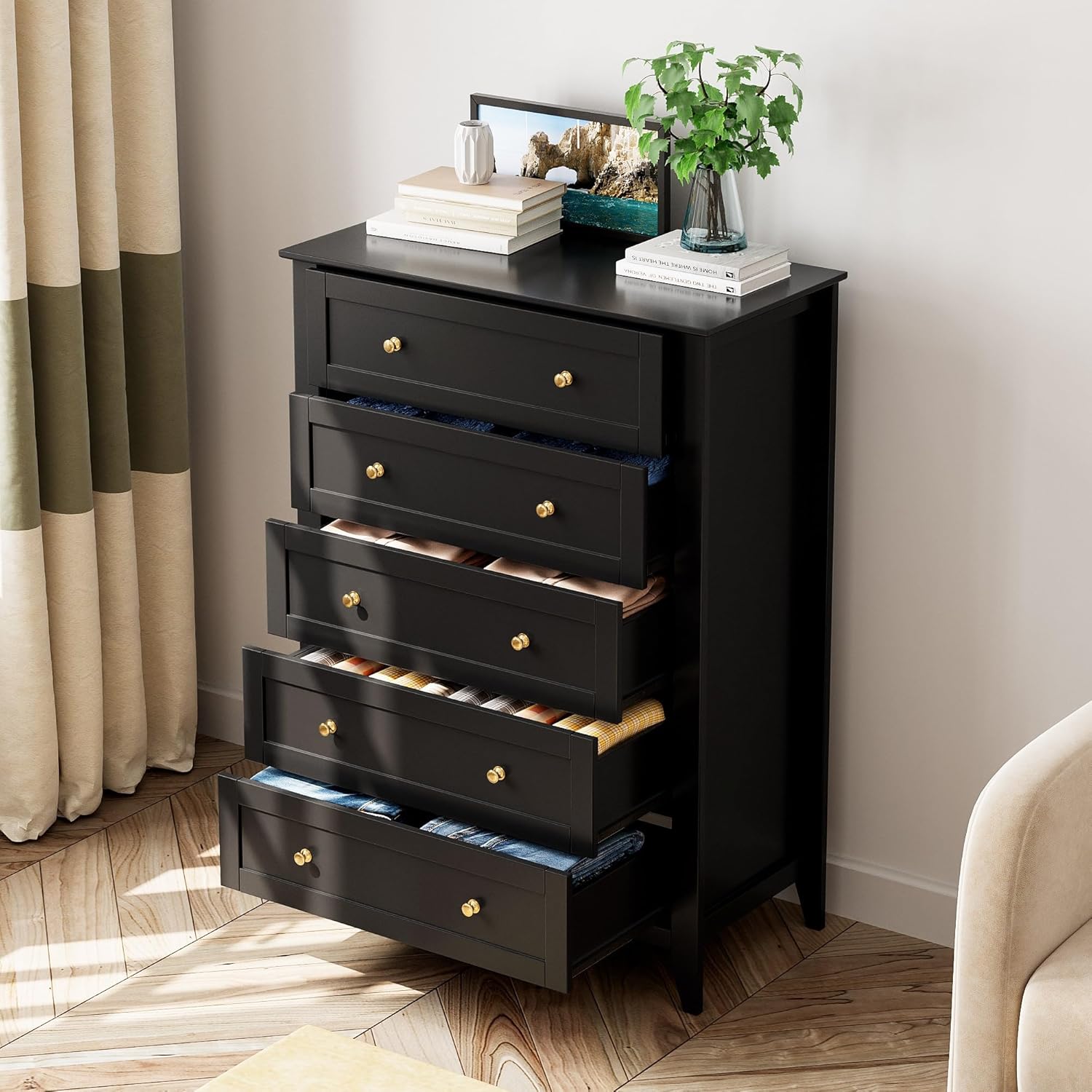 5 Drawer Dresser for Bedroom, Tall Closet Organizer, Wood with Metal Knobs, Black M855597