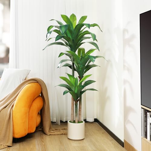 Artificial Dracaena Tree 5ft with White Planter, Indoor Floor Plant X899