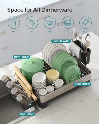 Large Dish Drying Rack, Stainless Steel with Rotatable Spout, Fingerprint-Resistant for Kitchen Counter Q487