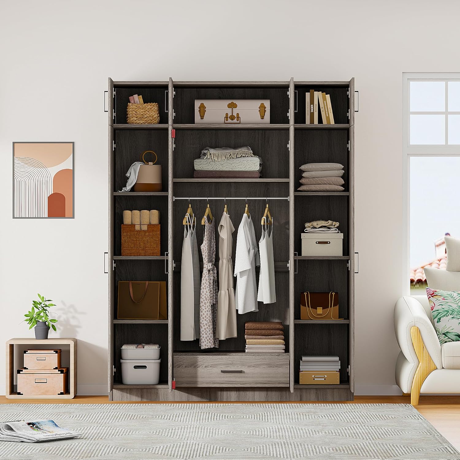 Wooden Armoire Wardrobe with Drawer and Shelves for Bedroom O750