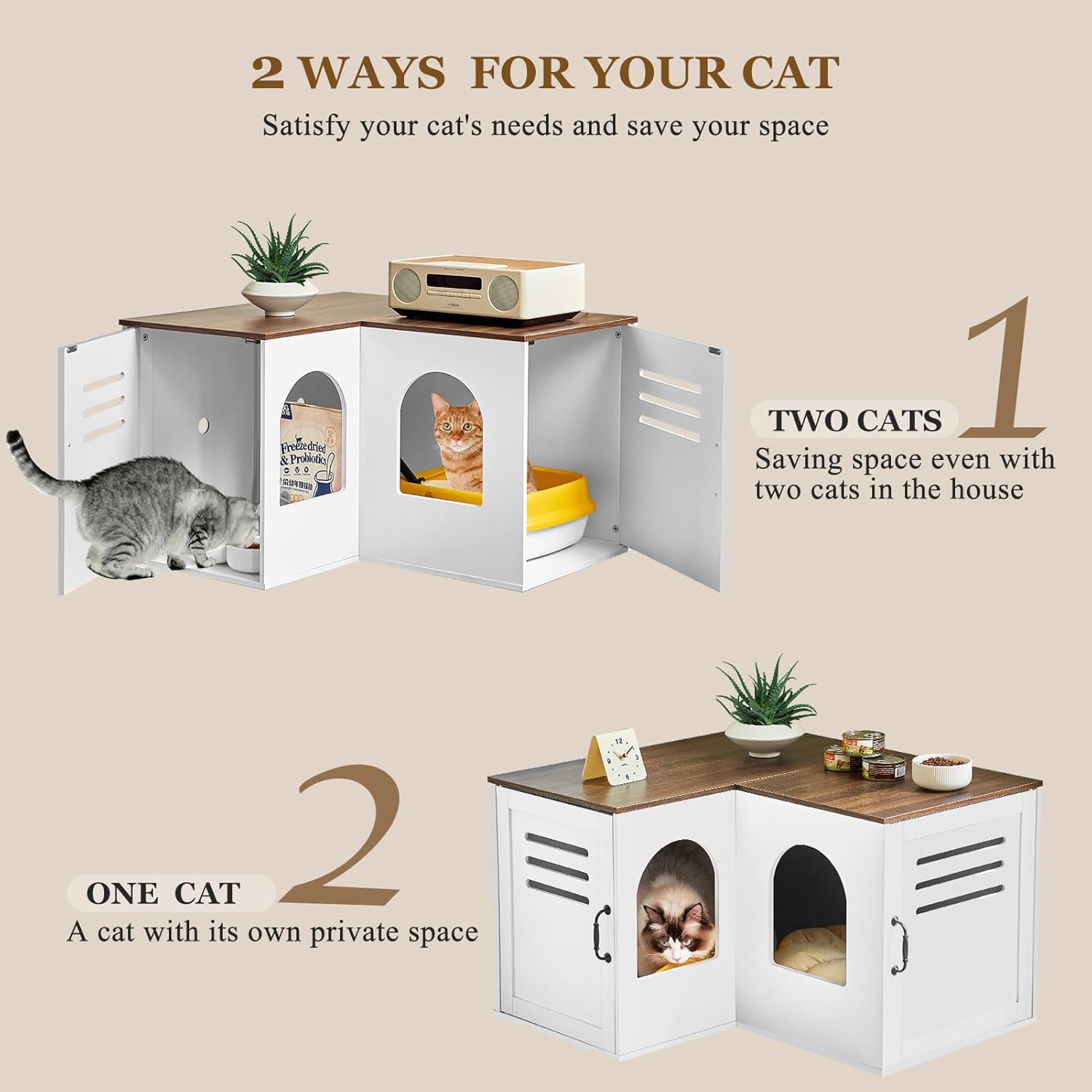 Corner Litter Box Enclosure for Two Cats, Hidden Cabinet with Double Room, White Q645