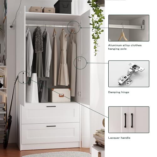 Wood Wardrobe Closet with 2 Doors and Drawers, Freestanding Armoire Storage Cabinet with Shelves P843