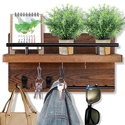 Wooden Mail Organizer Wall Mount with 5 Key Hooks U70452