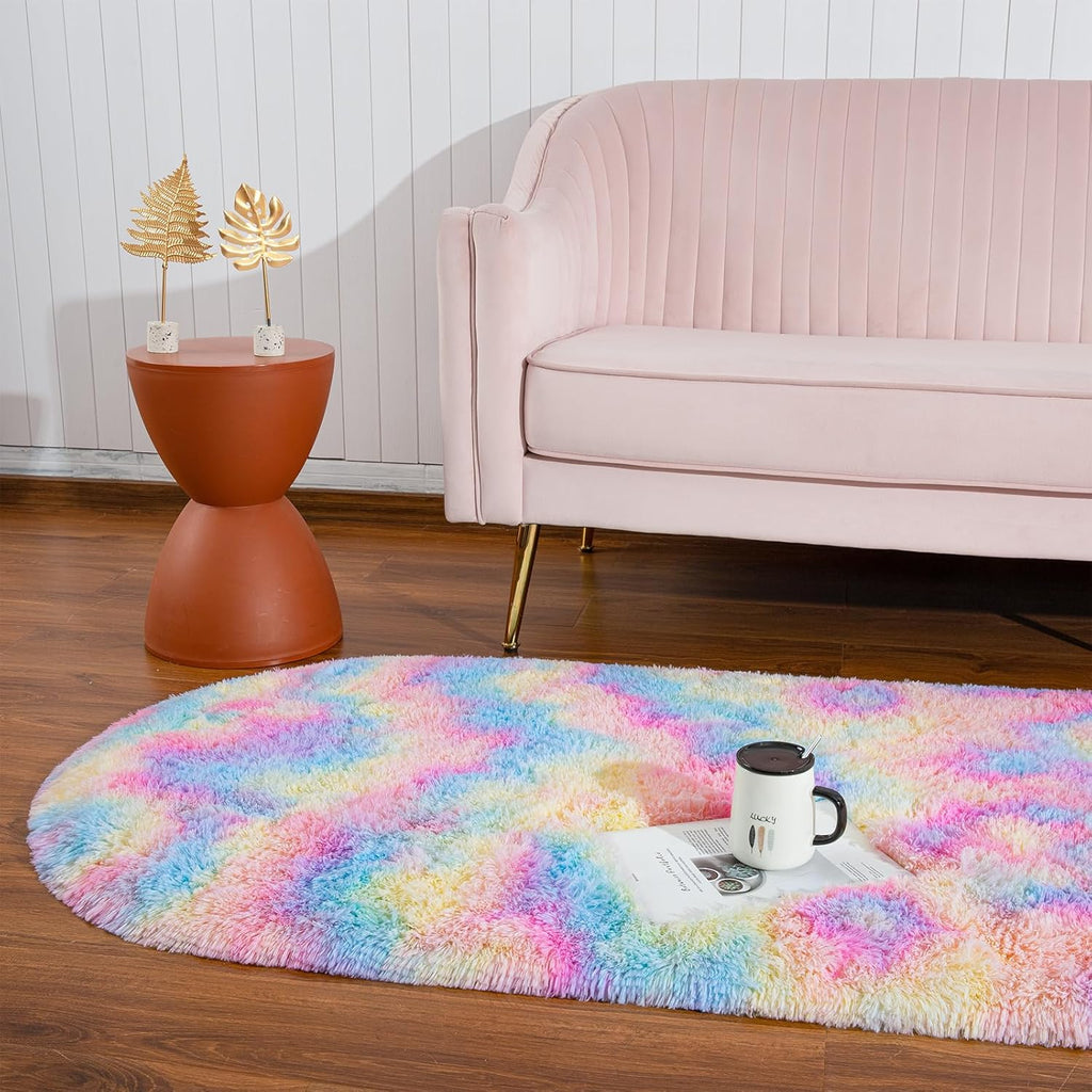 Fluffy Shag Area Rugs for Bedroom, Set of 2, Grey & Rainbow, Oval Indoor Carpet D990699