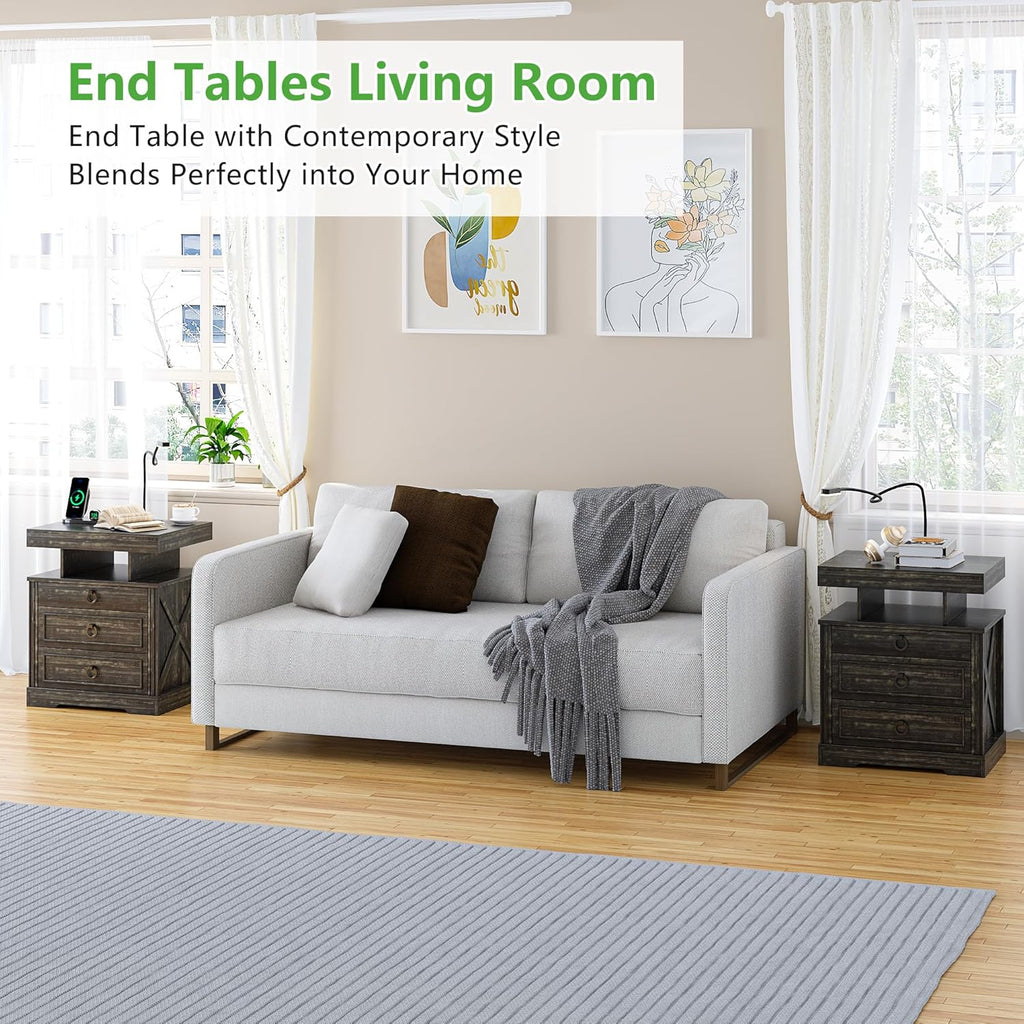 Nightstand Side Table with Wireless Charging Station and 2 Drawers J6619