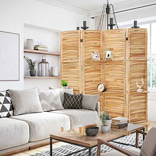 4 Panel Wooden Room Divider with Shelves, Freestanding Folding Privacy Screen B355