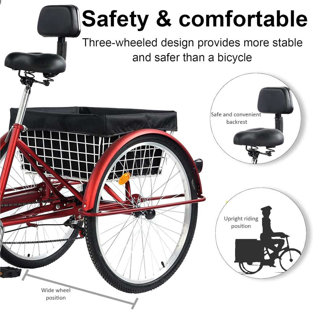 Adult Tricycle 7 Speed 26 Inch Three Wheel Bike with Large Basket S142359