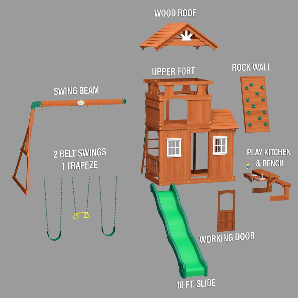 All Cedar Wooden Playset Swing Set with 2 Belt Swings, Trapeze Bar, 10 ft Wave Slide, Covered Playhouse, Rock Wall J462627