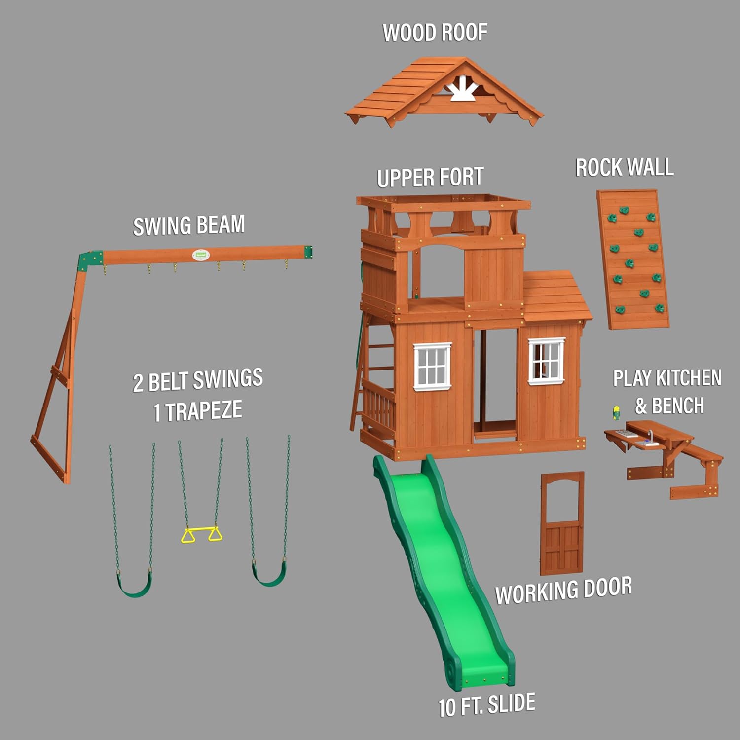 All Cedar Wooden Playset Swing Set with 2 Belt Swings, Trapeze Bar, 10 ft Wave Slide, Covered Playhouse, Rock Wall J462627