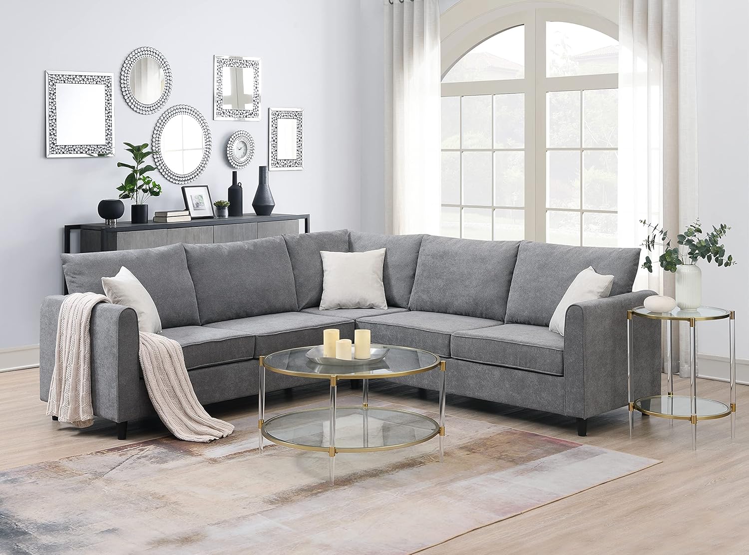 Upholstered L-Shape Sectional Sofa with 3 Pillows, Grey T3663