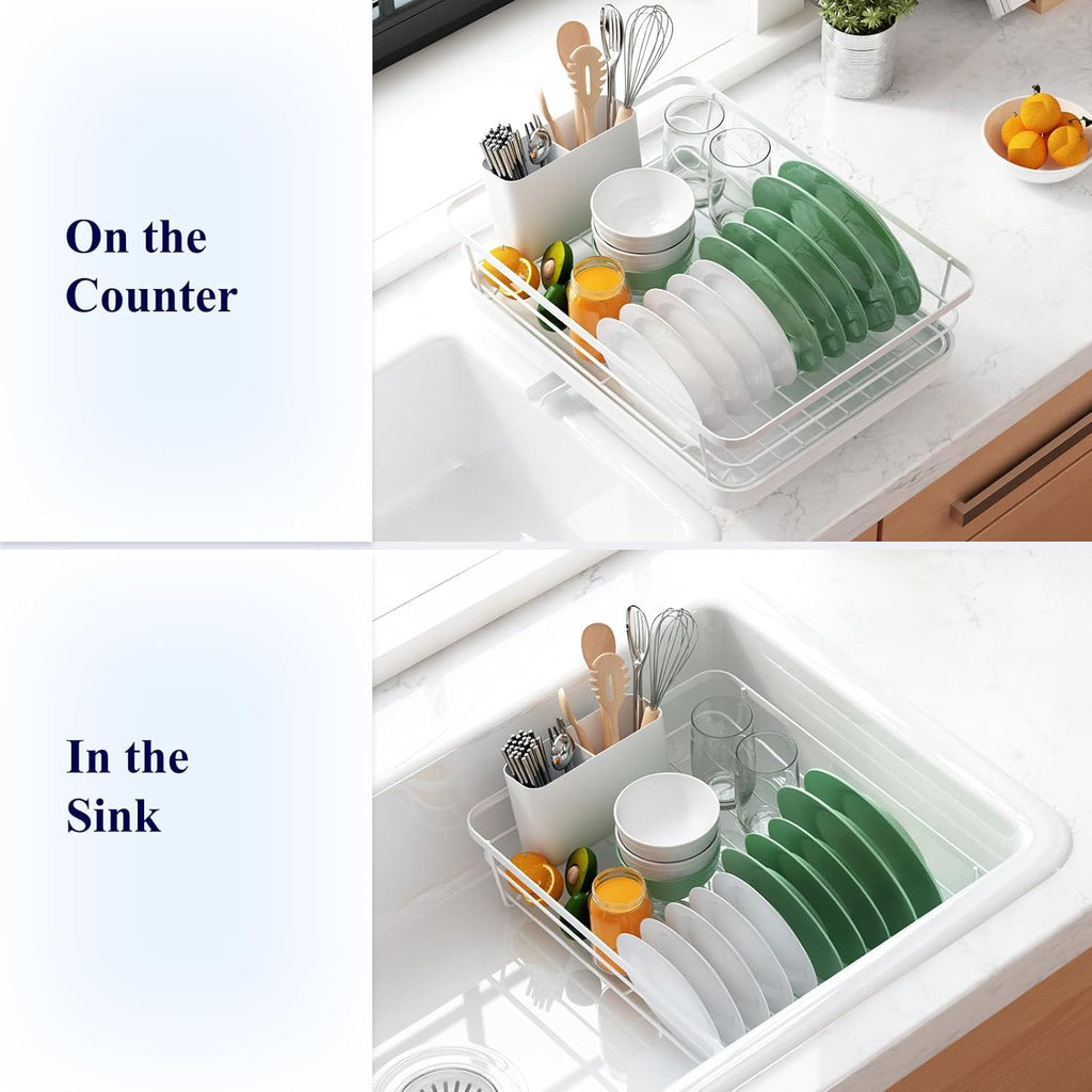 Dish Drying Rack for Kitchen Counter, Stainless Steel with Cutlery Holder, White D503