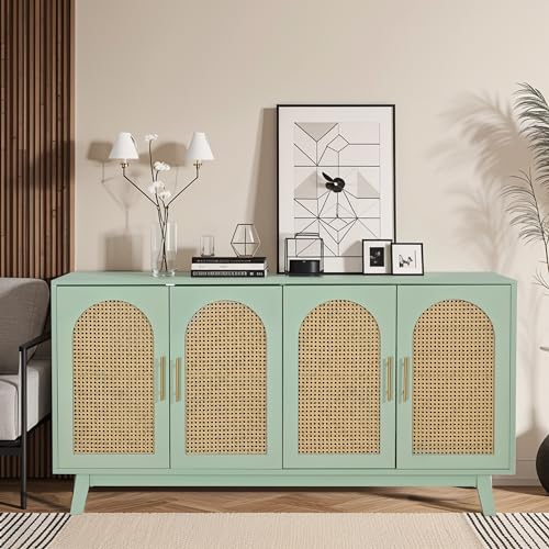 Mint Green Rattan Accent Storage Cabinet with 4 Doors J97283