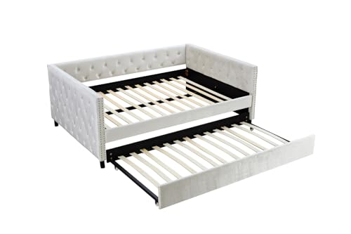 Velvet Upholstered Twin Daybed with Trundle, Beige Y9221