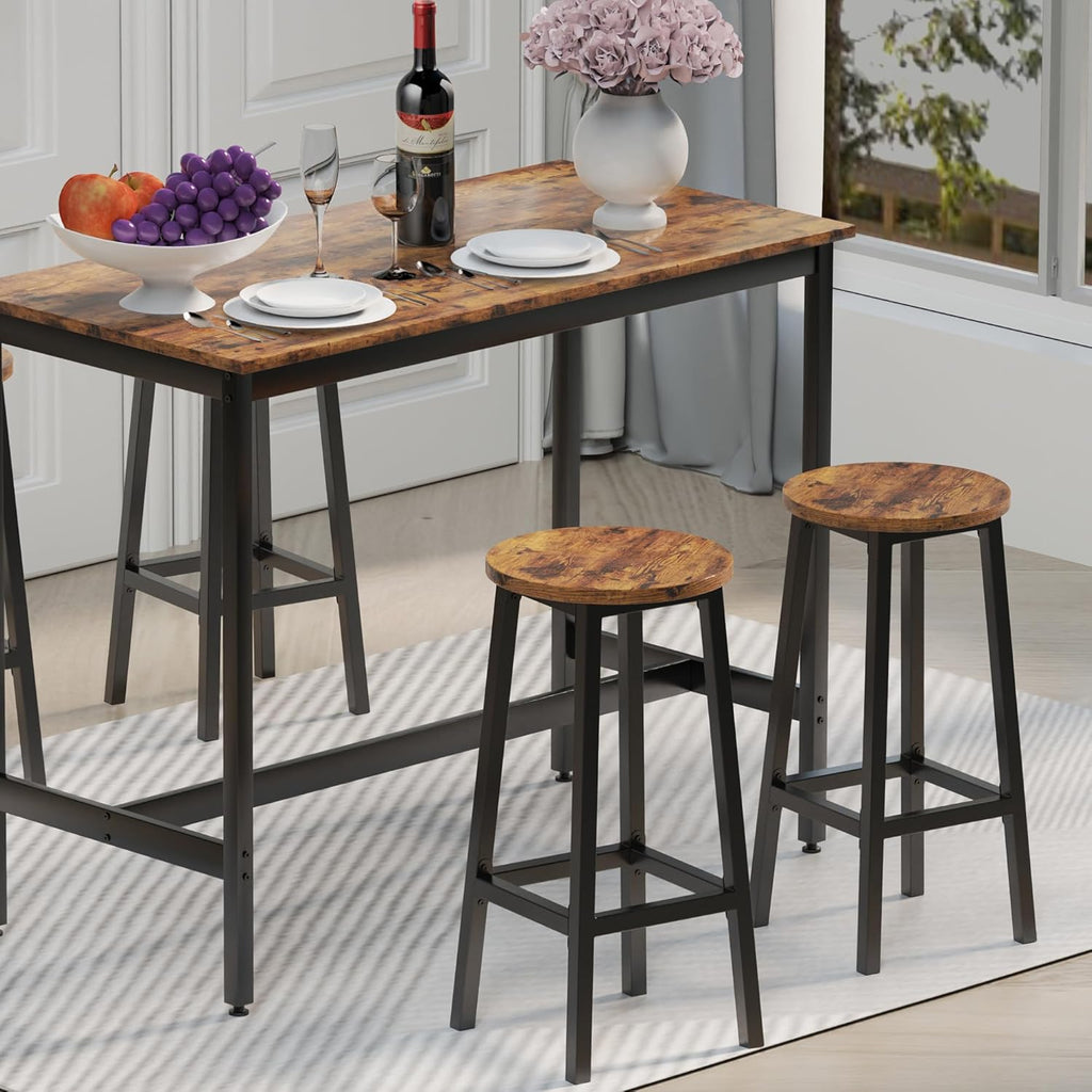 Bar Stools Set of 2 with Footrest, 25.6 Inch Tall, Rustic Brown and Black B43108