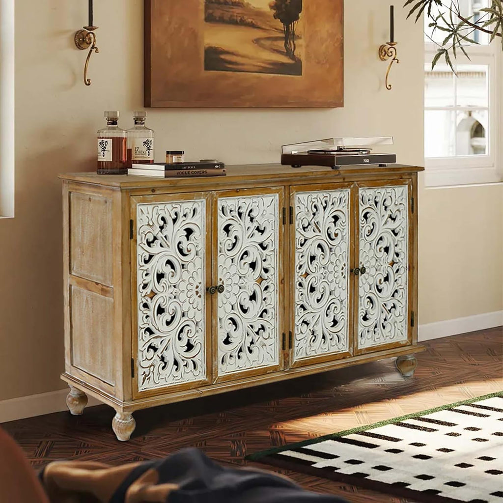 Accent Cabinet with 4 Doors, Wood Carved Floral Storage Sideboard Z52452
