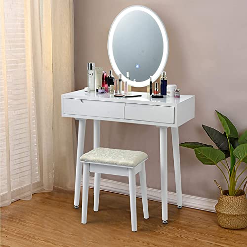 Vanity Table Set with 3-Color Lighted Mirror, Cushioned Stool & 2 Drawers W425038