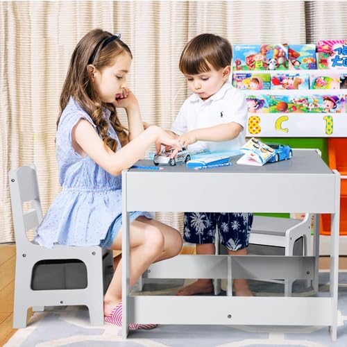 Kids Table and Chairs 3-in-1 Craft Table with Storage, Detachable Tabletop, Removable Blackboard T538236