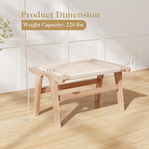 Teak Wood Ottoman Footstool with Braided Rope, 14" H B563