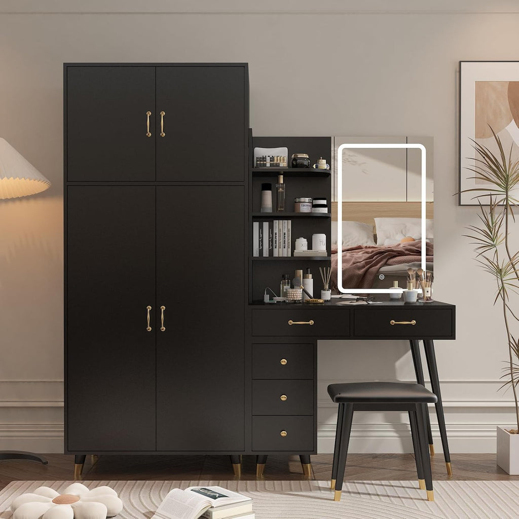 Vanity Desk with Mirror and Stool Set, Storage Cabinet N413234