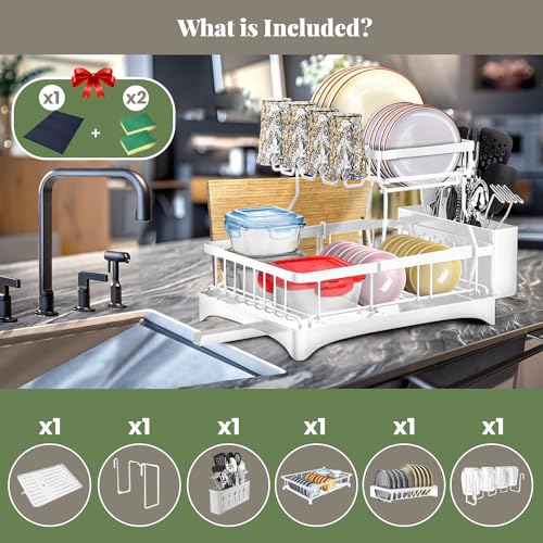 White 2-Tier Dish Drying Rack with Drainboard, Rust Resistant Metal L522