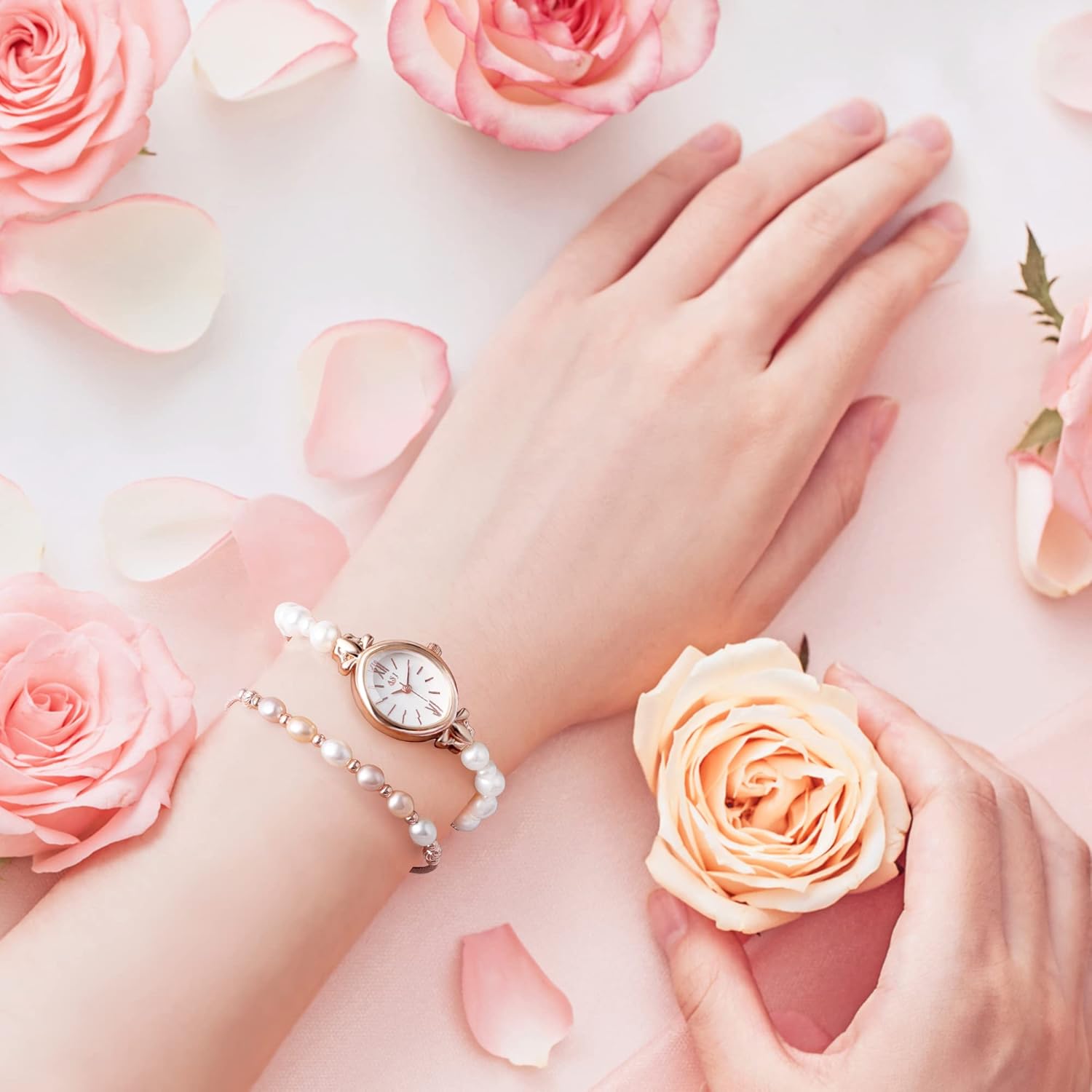 Natural Pearl Watch and Bracelet Set for Women, Rose Gold Oval Dial G8080