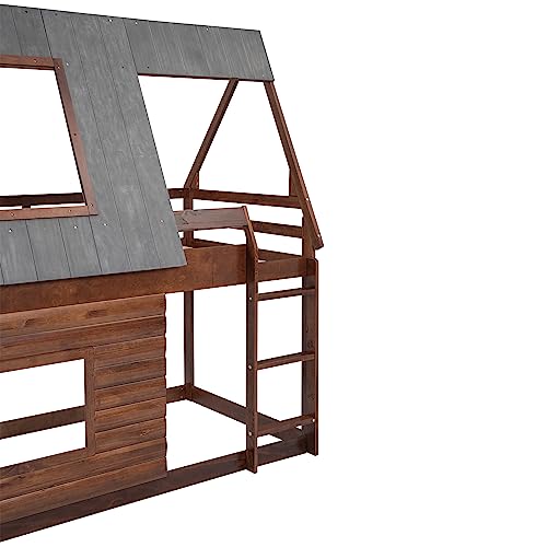 Twin Over Twin Bunk Bed House Shaped with Roof and 2 Windows, Wood Frame, Oak & Smoky Grey V436324