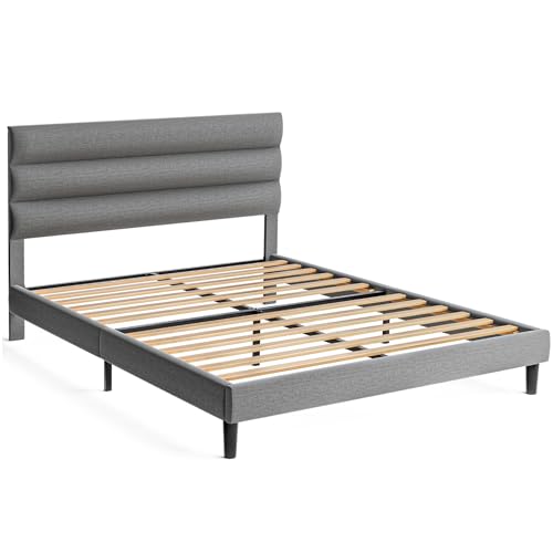 Full Size Bed Frame with Adjustable Linen Headboard, No Box Spring Needed, Dark Gray S1450