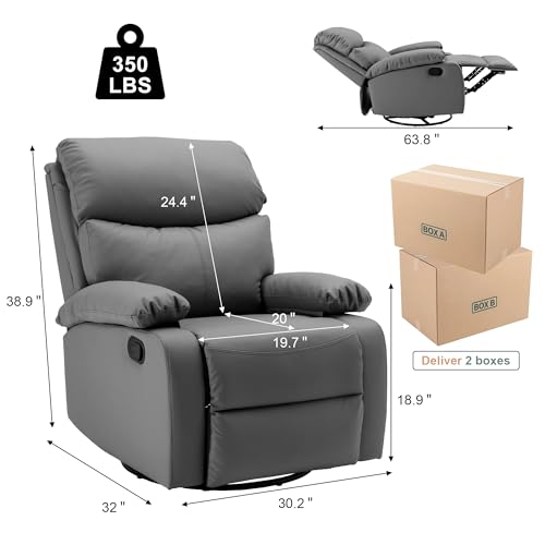 Genuine Leather Swivel Rocker Recliner Chair for Adults, Dark Grey H326