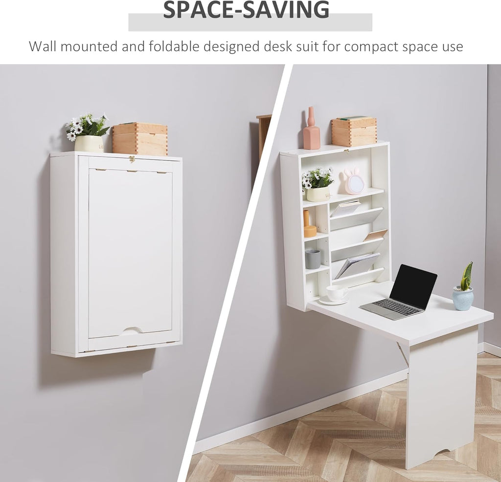 Wall Mounted Fold Out Desk with Storage Shelf, White Q792292