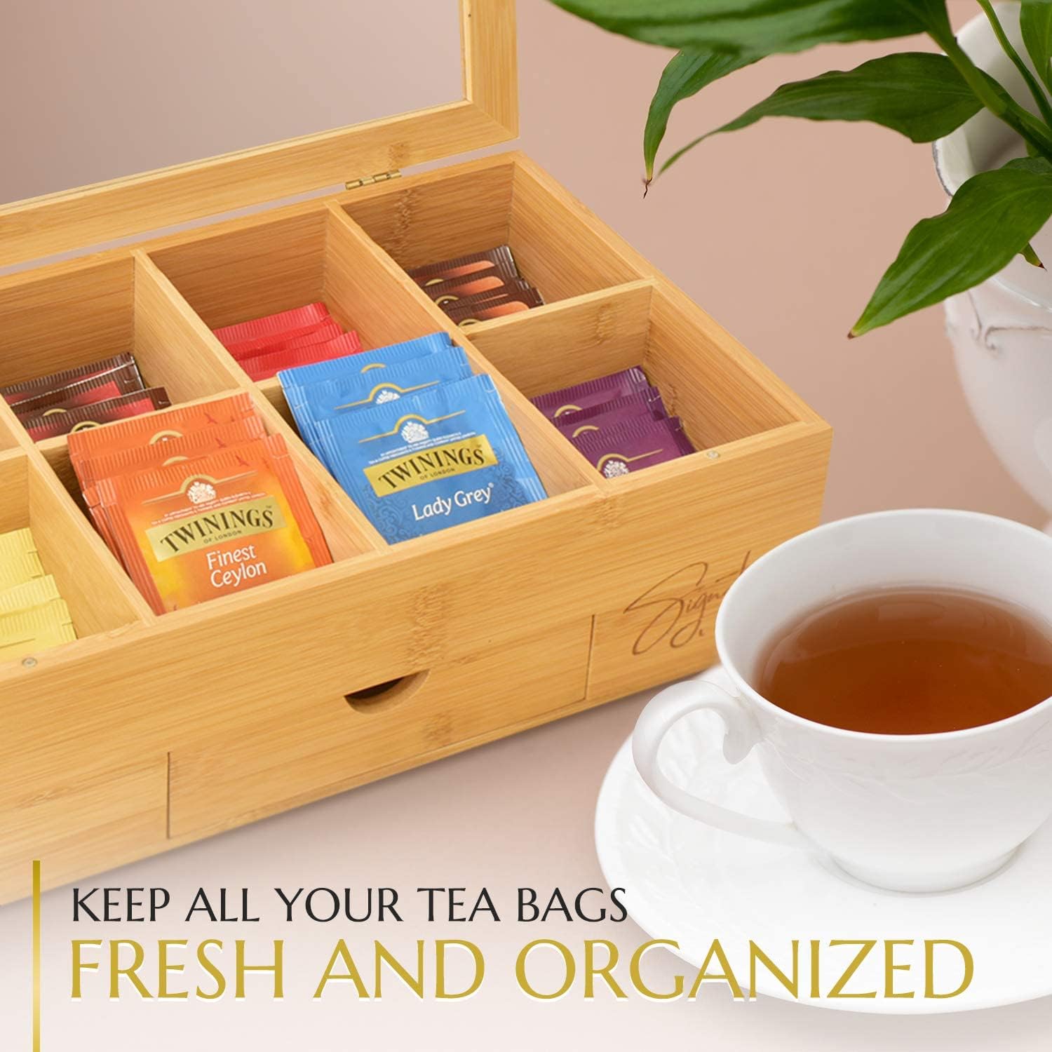 Bamboo Wooden Tea Box Organizer with Drawer, 8 Compartments for Tea Bags and Loose Tea A14165