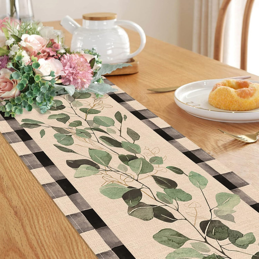 Eucalyptus Leaves Greenery Table Runner, Black White Buffalo Plaid Check, 13 x 90 Inches N799