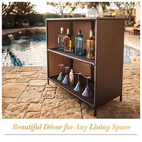 Outdoor Bar Set 3-Piece Brown Wicker Patio Furniture with Glass Top and Two Stools P403769