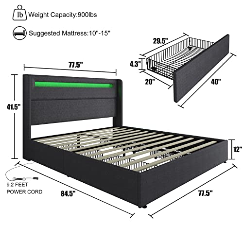 LED Bed Frame with Wingback Headboard and Storage Drawers J770439