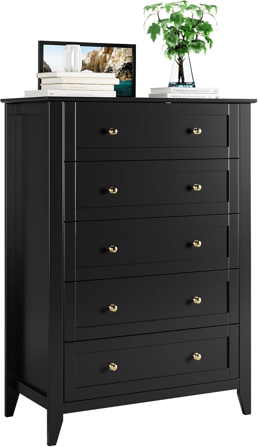 5 Drawer Dresser for Bedroom, Tall Closet Organizer, Wood with Metal Knobs, Black M855597
