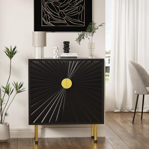 White Accent Storage Cabinet with Gold Handles and Flower Pattern Doors W867