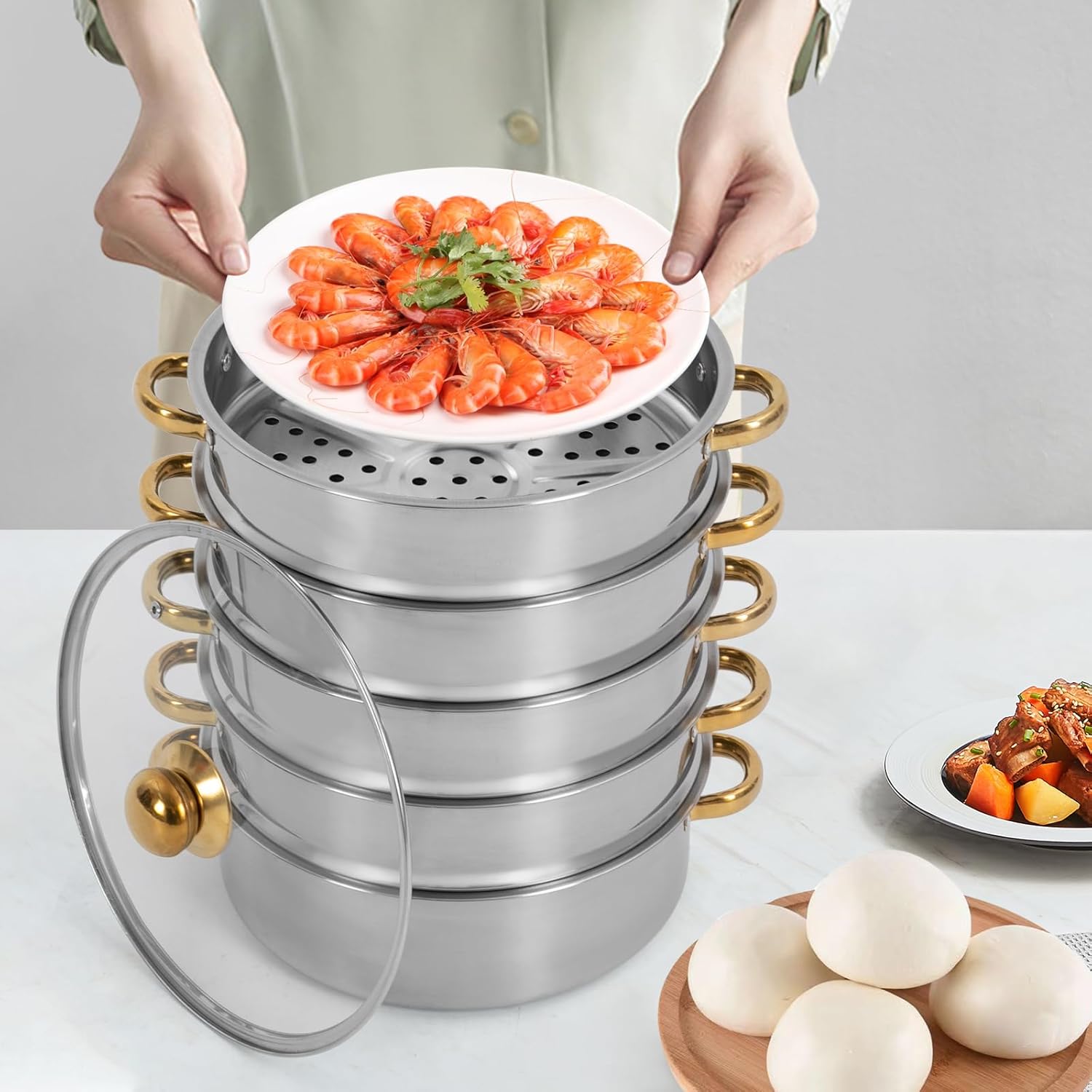 26cm Stainless Steel Steamer Pot with Glass Lid T7692