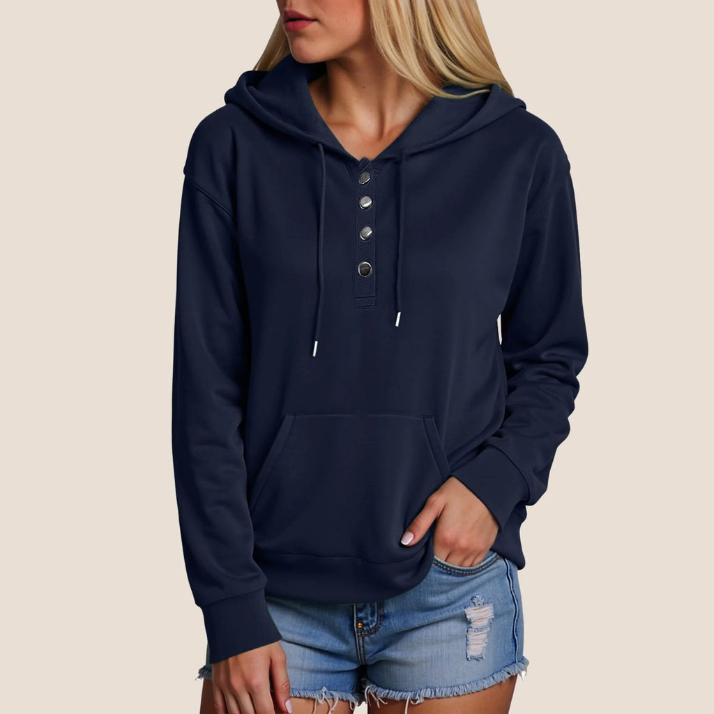 Women's Button Down Collar Hooded Sweatshirt with Pocket Navy XXL L274