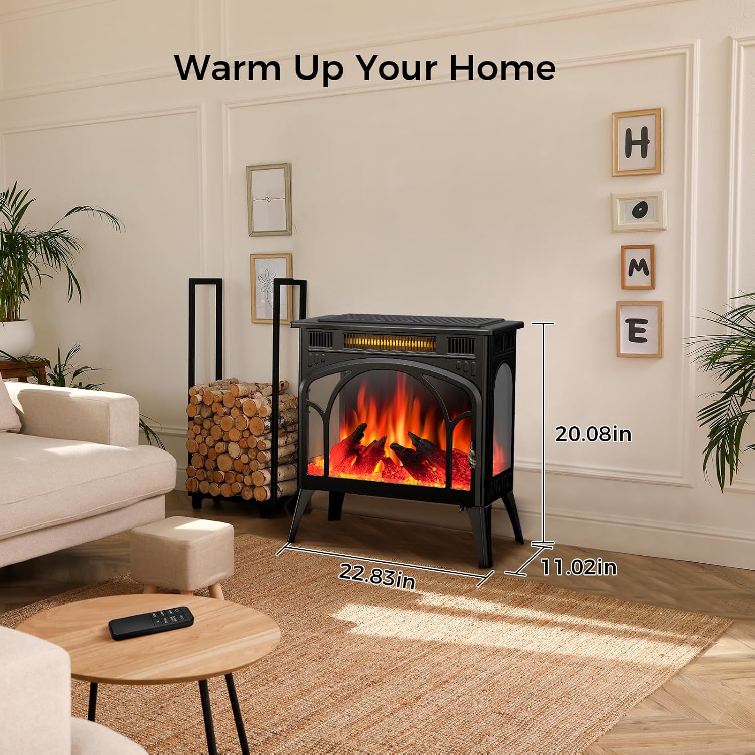 Electric Fireplace Heater, Free-Standing 3D Infrared Stove with Remote Control and Timer S23984