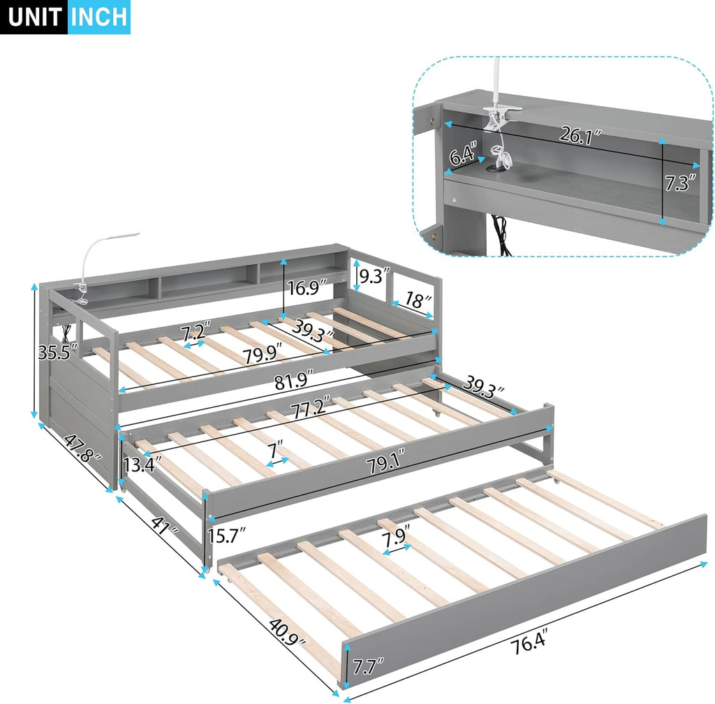 Twin XL Daybed with 2 Trundle Beds and Storage Headboard E82479