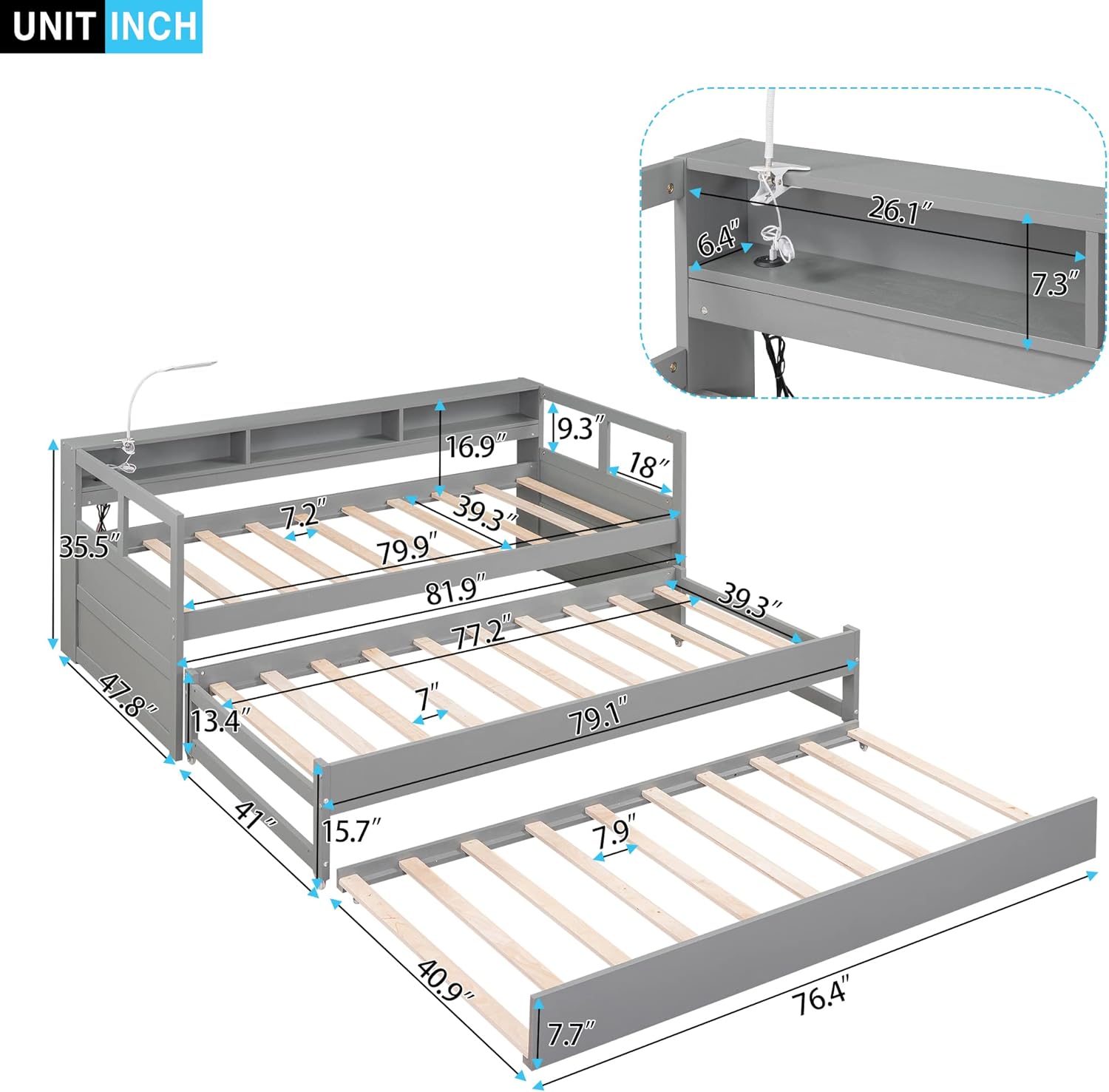 Twin XL Daybed with 2 Trundle Beds and Storage Headboard E82479