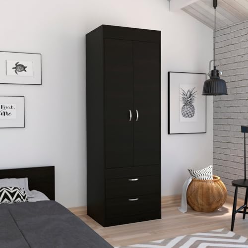 Wooden Wardrobe with 2 Doors, Storage Shelves and Hanging Rod J738