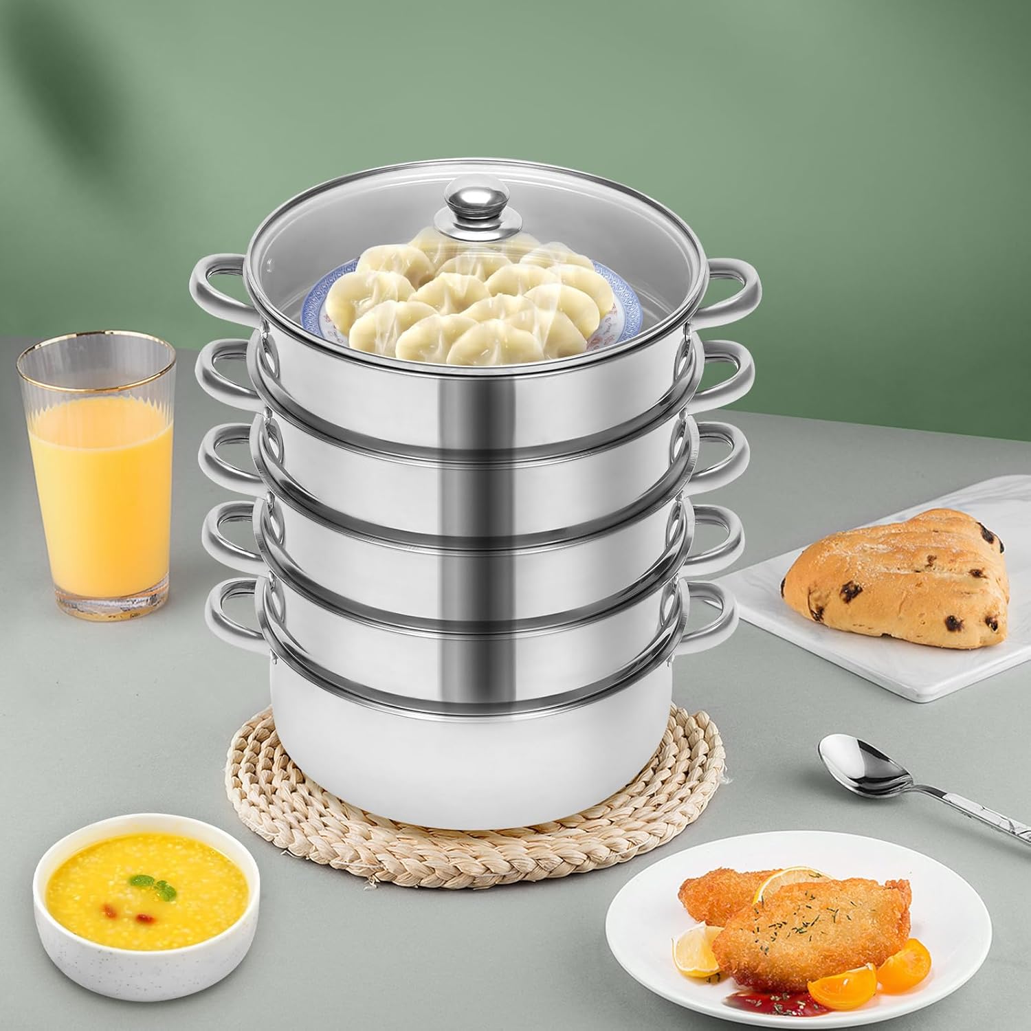 5 Tier Stainless Steel Steamer Pot with Glass Lid, 10 Inch R635966