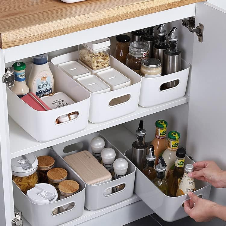 Plastic Storage Baskets with Handles for Pantry, Bedroom, and Desk Organizing J63038