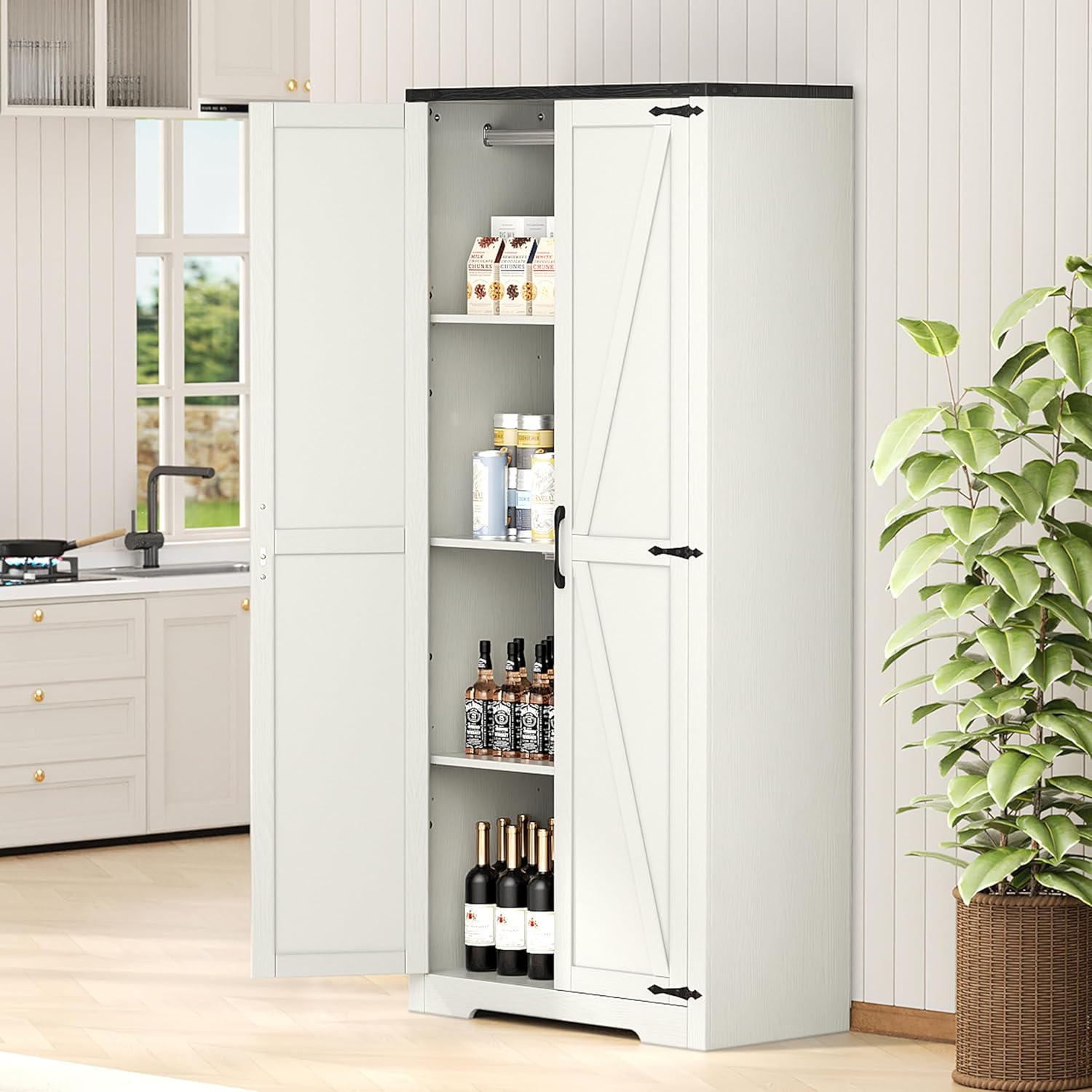 Wardrobe Closet with Doors, White Storage Cabinet with Hanging Rod R927973