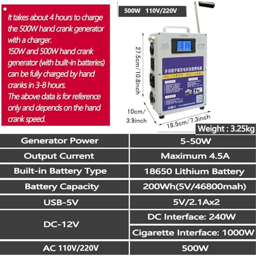 500W Crank Generator, Portable Power Station with DC/USB Outlets G78053