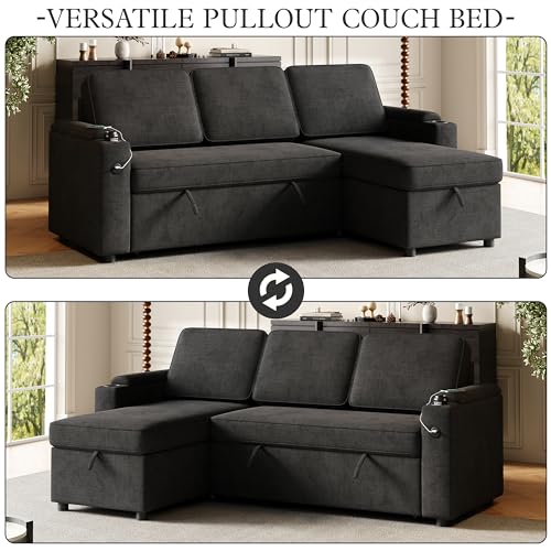 L-Shaped Sofa Bed with Chaise and Cup Holder, Convertible Sleeper, Dark Grey W207865