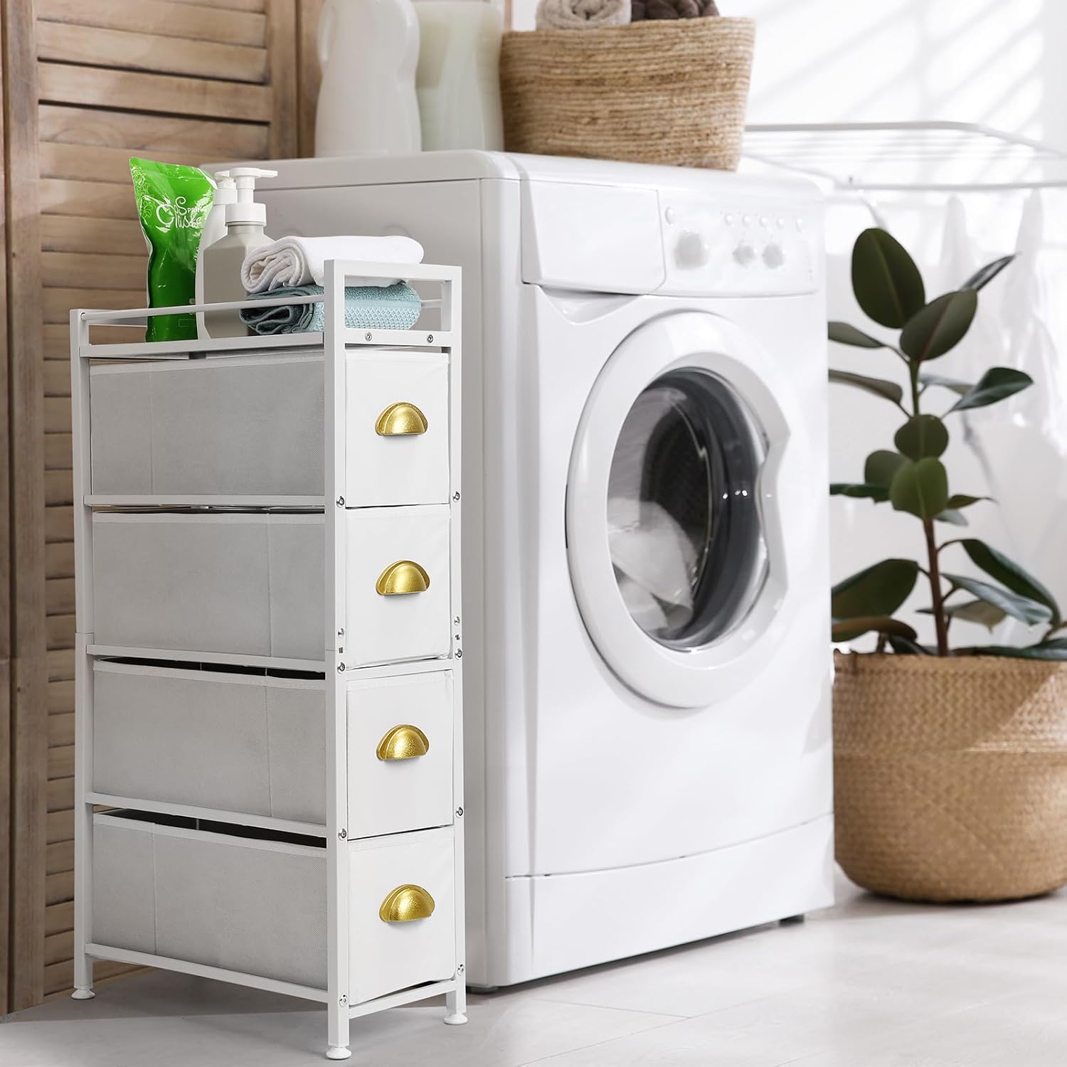 Narrow 4-Drawer Fabric Storage Cabinet with Wooden Top P7690