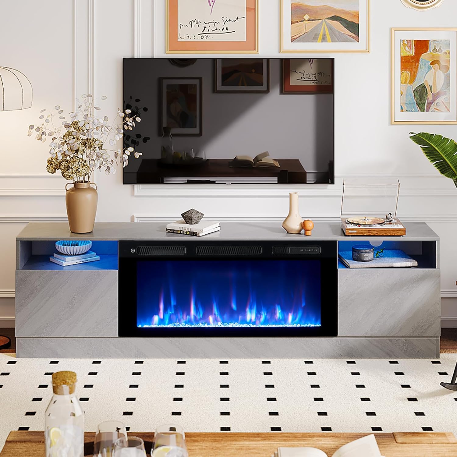Electric Fireplace TV Stand for TVs Up to 80 Inch, Gray Wood Finish U91158